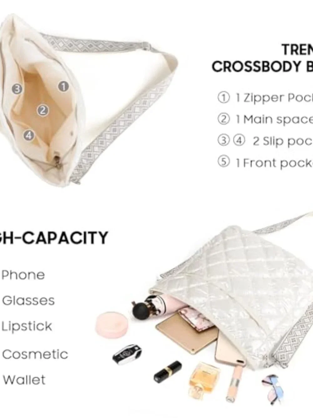 Quilted Crossbody Bag with Patterned Strap, Lightweight & Foldable